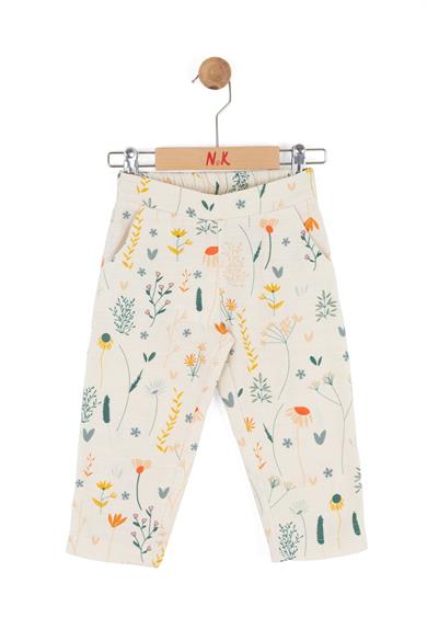 Nk Kids Kız Bebek 1-4 Yaş Çiçek Desenli Keten Pantolon Krem