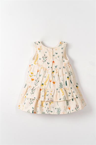 Nk Kids Kız Bebek 1-4 Yaş Çiçek Desenli  Fırfırlı Keten Elbise Krem