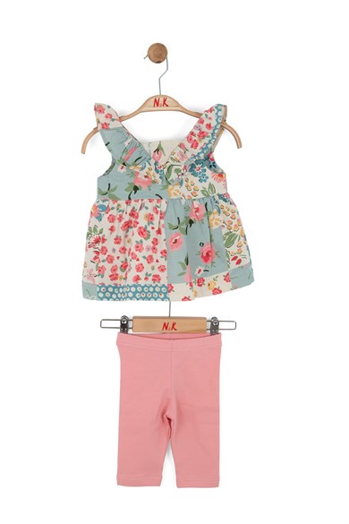 Nk Kids Kız Bebek 1-4 Yaş Desenli Bluz-Taytlı Takım Ekru-Pembe