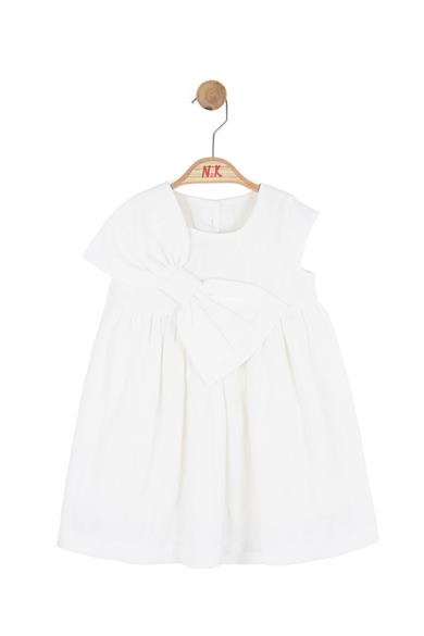 Nk Kids Kız Bebek 1-4 Yaş Fiyonklu Dokuma Kumaş Elbise Ekru