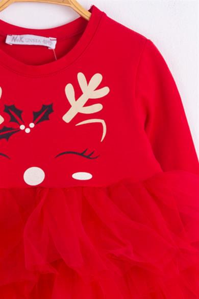 NK Kids Kız Bebek 1-4 Yaş Geyikli Tütü Etekli Elbise 73604 Kırmızı