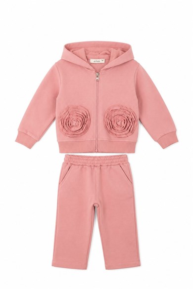Nk Kids Kız Bebek 1-4 Yaş Gül Detaylı İkili Eşofman Takımı Pudra