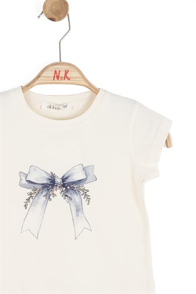 Nk Kids Kız Bebek 1-4 Yaş İncili Fiyonk Baskı Kısa Kol T-shirt Krem