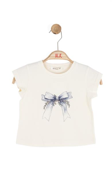 Nk Kids Kız Bebek 1-4 Yaş İncili Fiyonk Baskı Kısa Kol T-shirt Krem