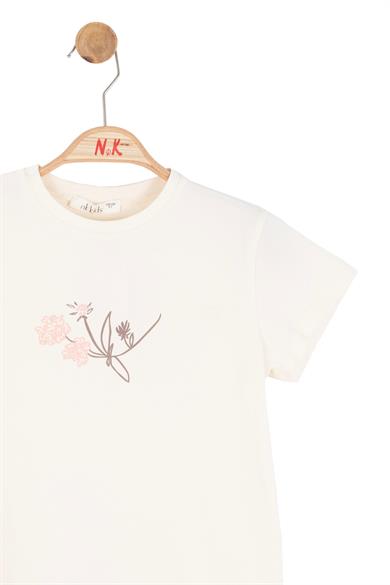 Nk Kids Kız Bebek 4-8 Yaş Kabartma Desenli Kısa Kol T-Shirt Krem