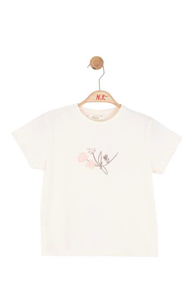 Nk Kids Kız Bebek 4-8 Yaş Kabartma Desenli Kısa Kol T-Shirt Krem