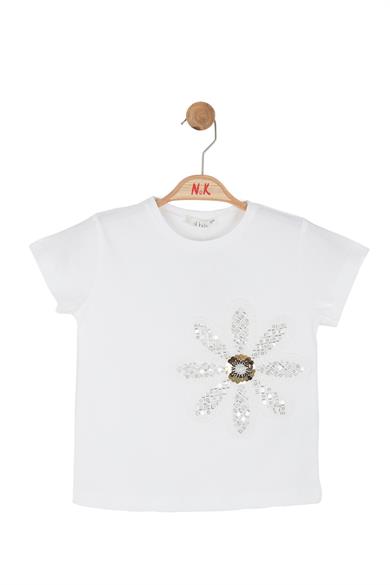 Nk Kids Kız Çocuk 4-8 Yaş Boncuk İşlemeli Kısa Kol T-Shirt Ekru