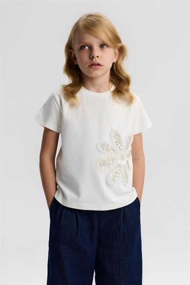 Nk Kids Kız Çocuk 4-8 Yaş Boncuk İşlemeli Kısa Kol T-Shirt Ekru