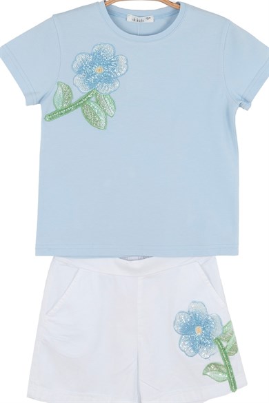 Nk Kids Kız Çocuk 4-8 Yaş Boncuk Nakışlı İkili Şortlu Takım Mavi