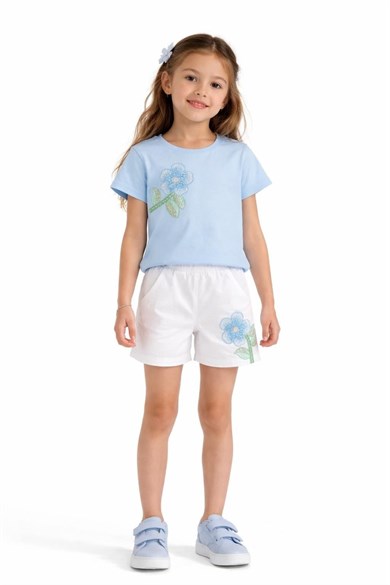 Nk Kids Kız Çocuk 4-8 Yaş Boncuk Nakışlı İkili Şortlu Takım Mavi