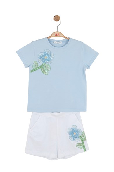 Nk Kids Kız Çocuk 4-8 Yaş Boncuk Nakışlı İkili Şortlu Takım Mavi