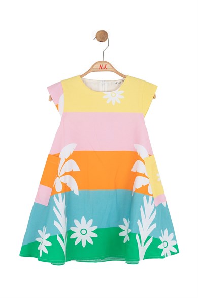 Nk Kids Kız Çocuk 4-8 Yaş Cep Detaylı Renkli Poplin Elbise Renkli