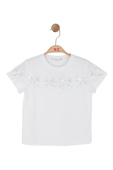 Nk Kids Kız Çocuk 4-8 Yaş Çiçek Desenli Boncuk İşlemeli T-Shirt Beyaz