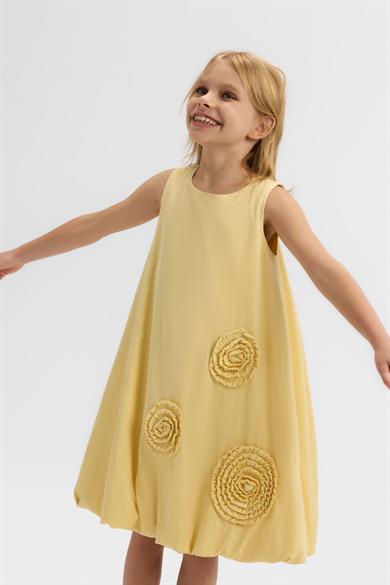 Nk Kids Kız Çocuk 4-8 Yaş Çiçek İşlemeli Crep Kumaş Balon Elbise Sarı