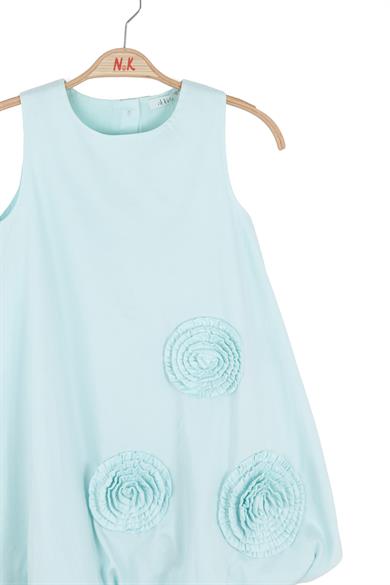 Nk Kids Kız Çocuk 4-8 Yaş Çiçek İşlemeli Crep Kumaş Balon Elbise Mavi