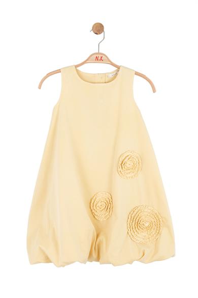 Nk Kids Kız Çocuk 4-8 Yaş Çiçek İşlemeli Crep Kumaş Balon Elbise Sarı
