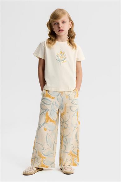 Nk Kids Kız Çocuk 4-8 Yaş Desenli Keten Palazzo Pantolon Krem