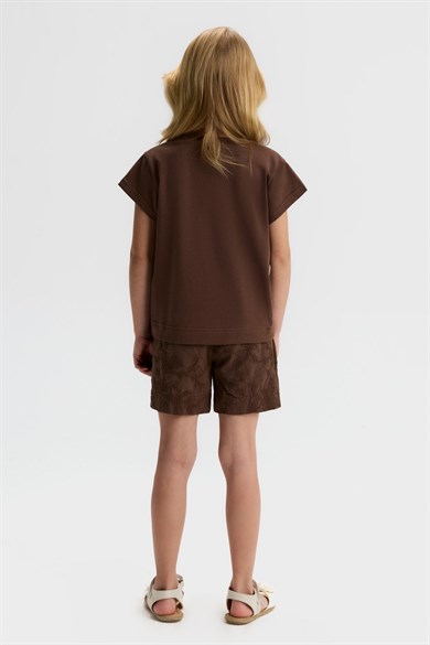 Nk Kids Kız Çocuk 4-8 Yaş Fiyonk Detaylı Cepli Kısa Kol T-shirt Kahverengi