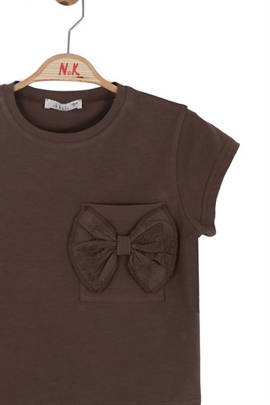 Nk Kids Kız Çocuk 4-8 Yaş Fiyonk Detaylı Cepli Kısa Kol T-shirt Kahverengi