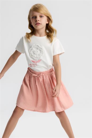 Nk Kids Kız Çocuk 4-8 Yaş Kabartma Desen İşlemeli T-shirt Ekru-Pembe