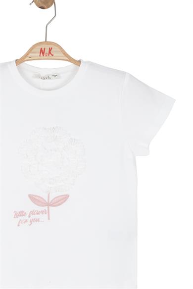 Nk Kids Kız Çocuk 4-8 Yaş Kabartma Desen İşlemeli T-shirt Ekru-Pembe