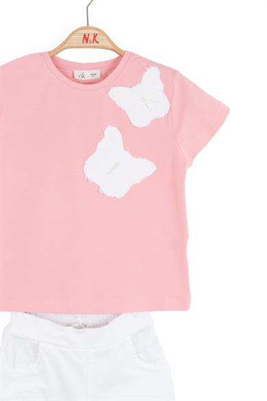 Nk Kids Kız Çocuk 4-8 Yaş Kelebek Nakışlı İkili Takım 18500 Ekru-Pembe