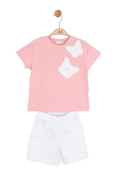 Nk Kids Kız Çocuk 4-8 Yaş Kelebek Nakışlı İkili Takım 18500 Ekru-Pembe