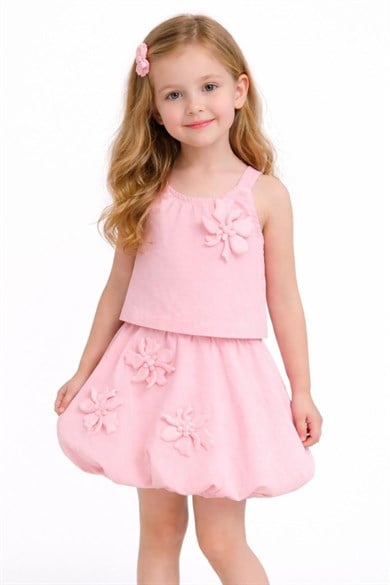 Nk Kids Kız Çocuk 4-8 Yaş Üç Boyutlu Çiçek Desenli Etekli İkili Takım Pudra