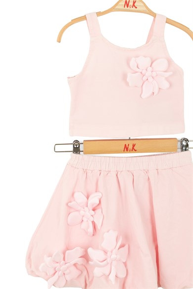 Nk Kids Kız Çocuk 4-8 Yaş Üç Boyutlu Çiçek Desenli Etekli İkili Takım Pudra
