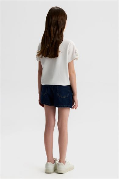 Nk Kids Kız Çocuk 8-14 Yaş Boncuklu Çiçek İşlemeli Kısa Kol T-shirt Ekru
