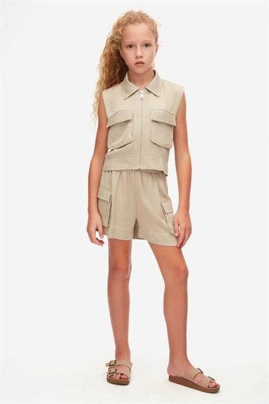 Nk Kids Kız Çocuk 8-14 Yaş Cep Detaylı Jakarlı Saten Şort 58340 Vizon