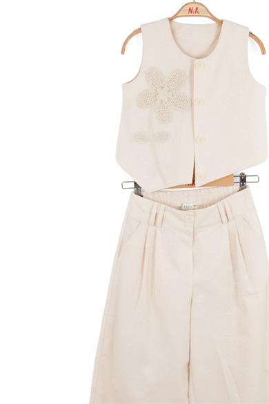 Nk Kids Kız Çocuk 8-14 Yaş Çiçek Motifli Keten Yelekli Takım Krem