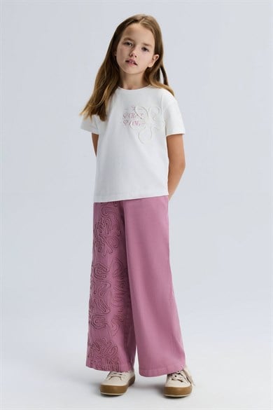 Nk Kids Kız Çocuk 8-14 Yaş Çiçek Nakışlı Kısa Kol T-Shirt Ekru-Pembe