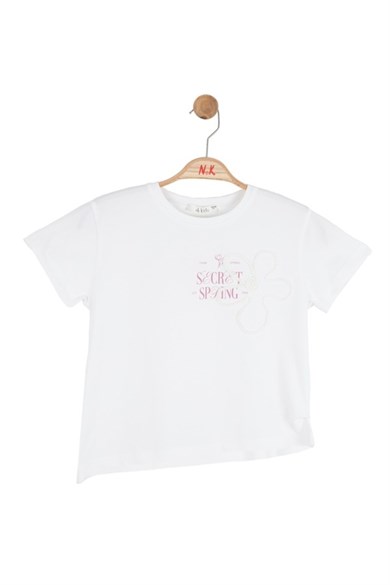 Nk Kids Kız Çocuk 8-14 Yaş Çiçek Nakışlı Kısa Kol T-Shirt Ekru-Pembe