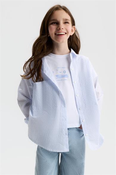 Nk Kids Kız Çocuk 8-14 Yaş Çizgili Pamuklu Tensel Gömlek Mavi