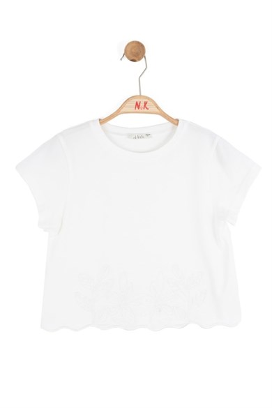 Nk Kids Kız Çocuk 8-14 Yaş Etek Ucu Çiçek Nakışlı Kısa Kol T-Shirt Ekru