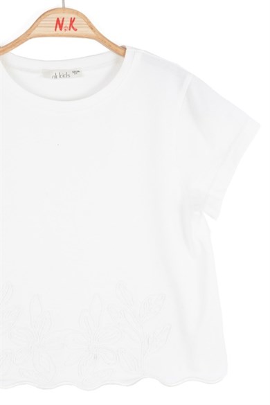Nk Kids Kız Çocuk 8-14 Yaş Etek Ucu Çiçek Nakışlı Kısa Kol T-Shirt Ekru