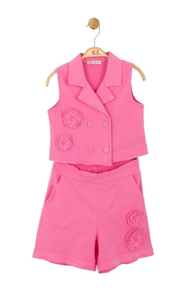 Nk Kids Kız Çocuk 8-14 Yaş Gül Detaylı Yelekli Şort Takım Fuşya