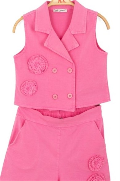 Nk Kids Kız Çocuk 8-14 Yaş Gül Detaylı Yelekli Şort Takım Fuşya