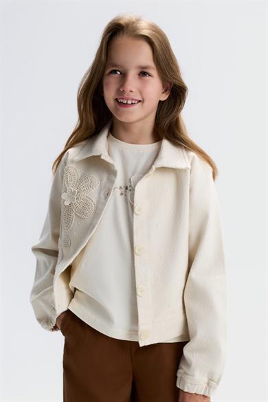 Nk Kids Kız Çocuk 8-14 Yaş İnci Ve Çiçek Motifli Keten Ceket Krem