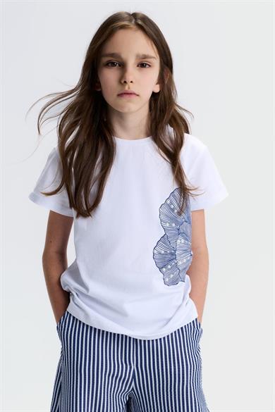 Nk Kids Kız Çocuk 8-14 Yaş İstiridye Desenli İncili Kısa Kol T-Shirt Ekru