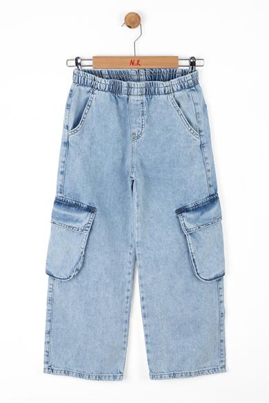 Nk Kids Kız Çocuk 8-14 Yaş Kargo Cep Bol Paça Denim Pantolon 56705 Mavi