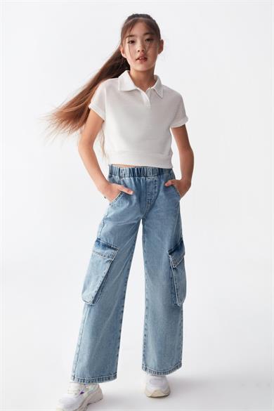 Nk Kids Kız Çocuk 8-14 Yaş Kargo Cep Bol Paça Denim Pantolon 56705 Mavi