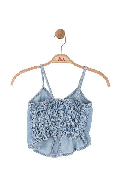 Nk Kids Kız Çocuk 8-14 Yaş Kruvaze Yaka İp Askılı Denim Crop Kot Mavi