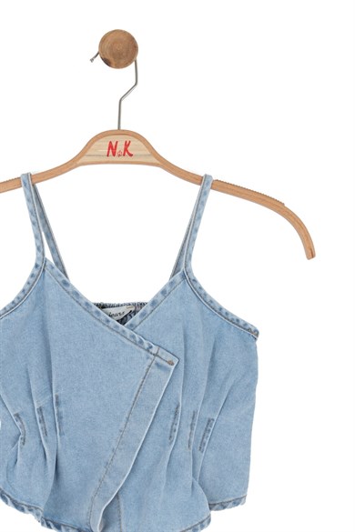Nk Kids Kız Çocuk 8-14 Yaş Kruvaze Yaka İp Askılı Denim Crop Kot Mavi