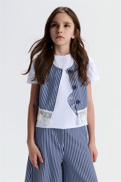 Nk Kids Kız Çocuk 8-14 Yaş Marin Desen Fistolu Crop Yelek Lacivert
