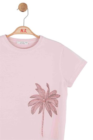 Nk Kids Kız Çocuk 8-14 Yaş Palmiye Desenli Kısa Kol T-Shirt Pudra