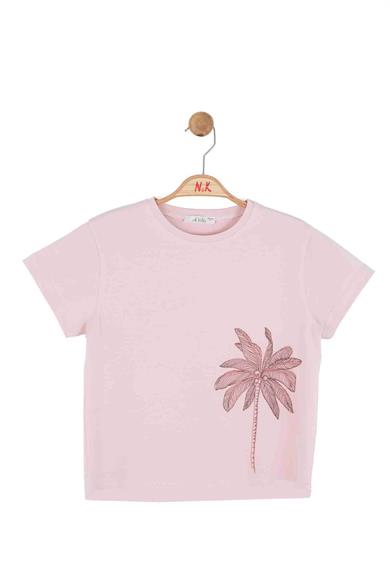 Nk Kids Kız Çocuk 8-14 Yaş Palmiye Desenli Kısa Kol T-Shirt Pudra
