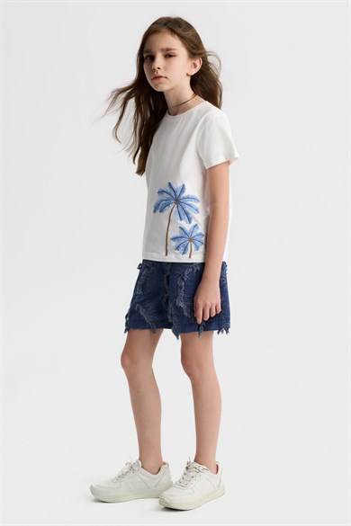 Nk Kids Kız Çocuk 8-14 Yaş Palmiye Nakışlı Kısa Kol T-shirt Beyaz