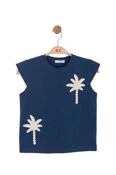 Nk Kids Kız Çocuk 8-14 Yaş Palmiye Nakışlı Kısa Kol T-Shirt Lacivert